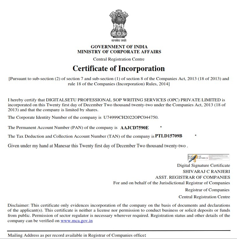 Certificate of Incorporation