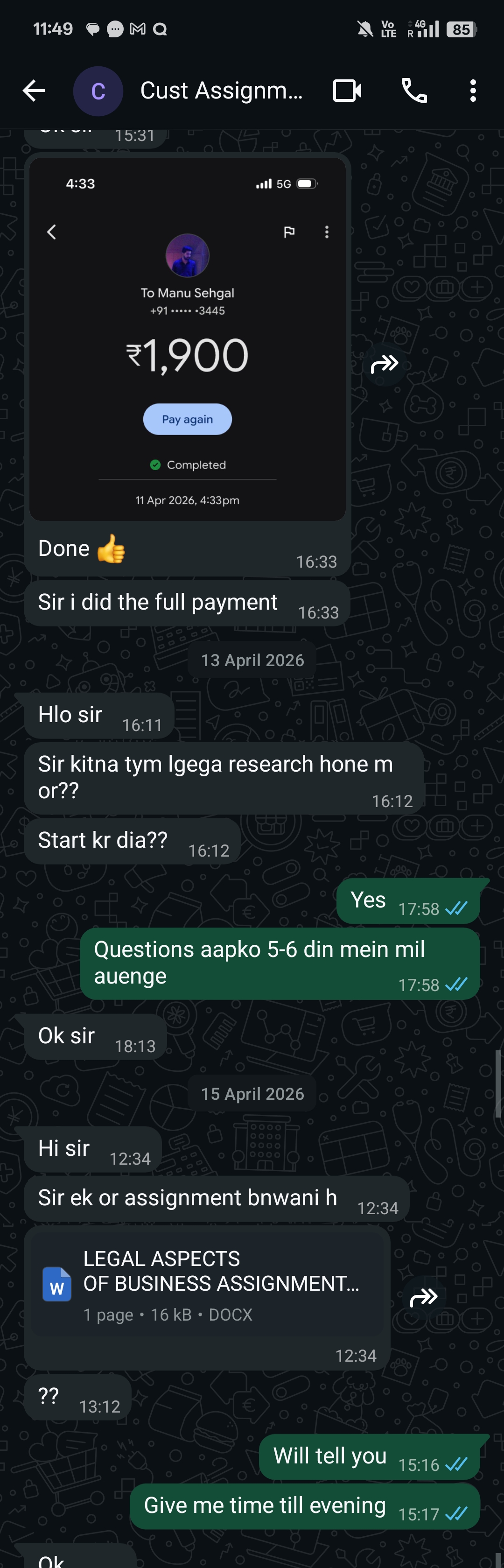WhatsApp and payment proof for Gurmeet MBA assignment support at Amity University