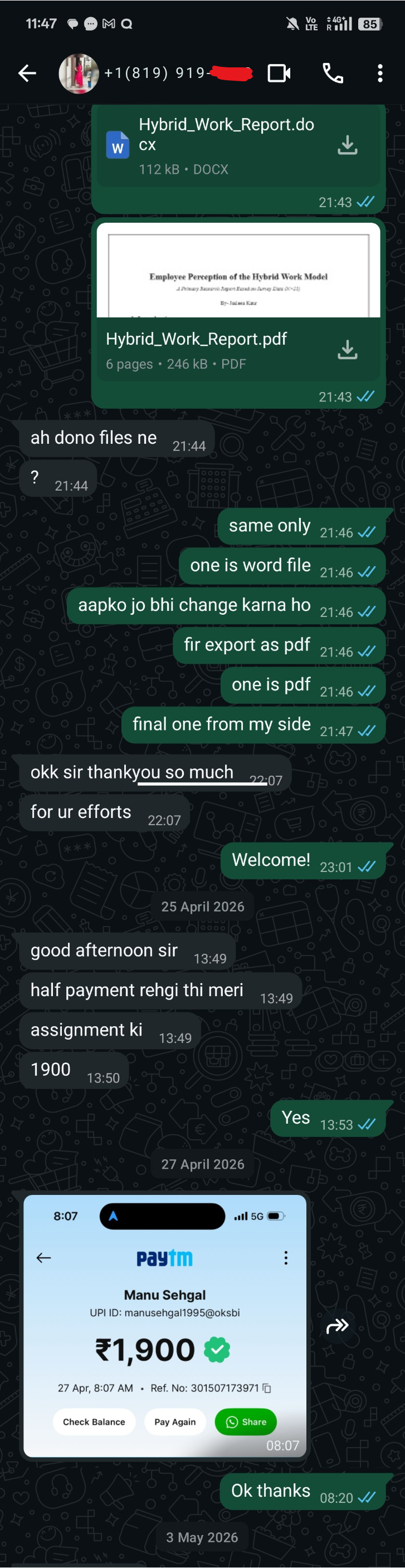 WhatsApp and Paytm payment proof for Jasleen Master's in Accounting assignment support